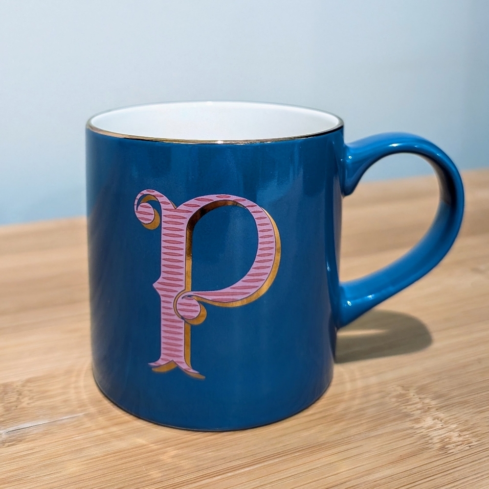 Opalhouse Blue Stoneware P Initial Monogram Mug Pink Gold Trim 16oz - Picture 2 of 5